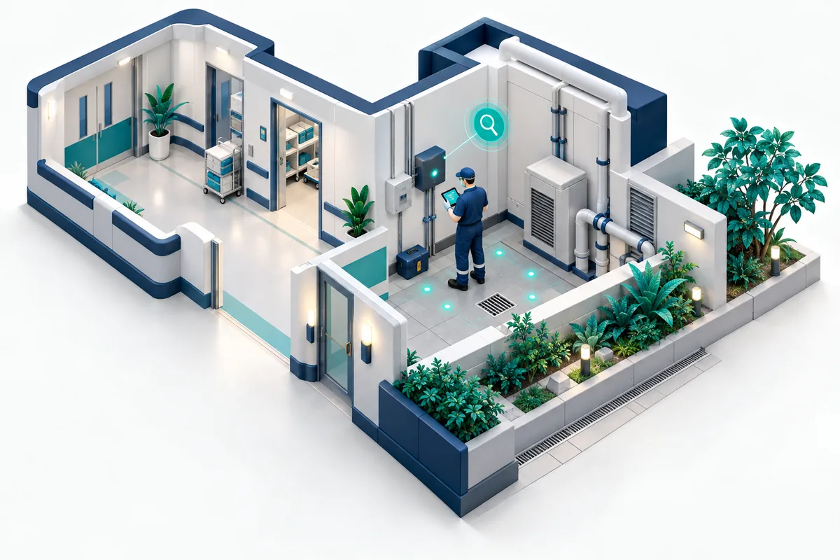 Ilustração 3D de um técnico inspecionando uma estação de monitoramento na área técnica de um hospital — controle de pragas e vetores VIAH Hospitalar