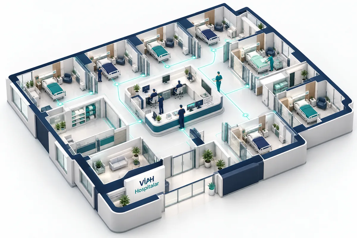 Ilustração 3D de um andar de internação com vários leitos conectados ao posto de enfermagem — gestão de leitos VIAH Hospitalar