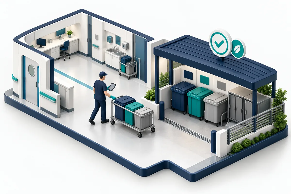 Ilustração 3D de um coletor levando recipientes de resíduos coloridos até o abrigo externo de um hospital — gestão de resíduos de serviços de saúde VIAH Hospitalar