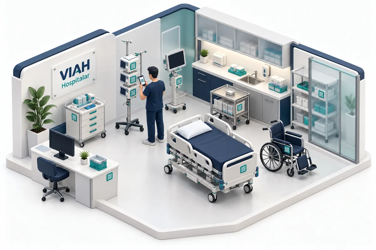Ilustração 3D de equipamentos hospitalares identificados por QR Code e um técnico conferindo o inventário — gestão patrimonial VIAH Hospitalar