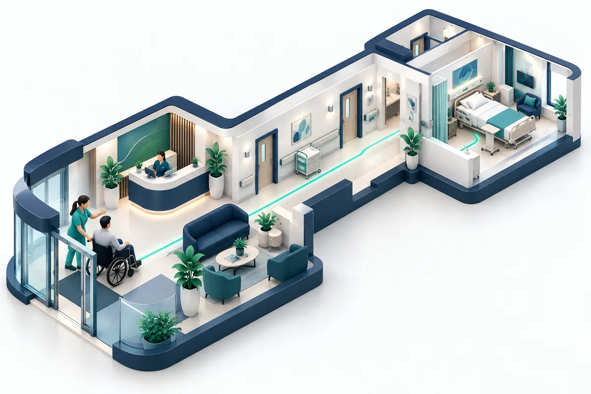 Ilustração 3D de uma profissional acolhendo um paciente em cadeira de rodas na recepção e conduzindo-o ao leito — hospitalidade hospitalar VIAH Hospitalar