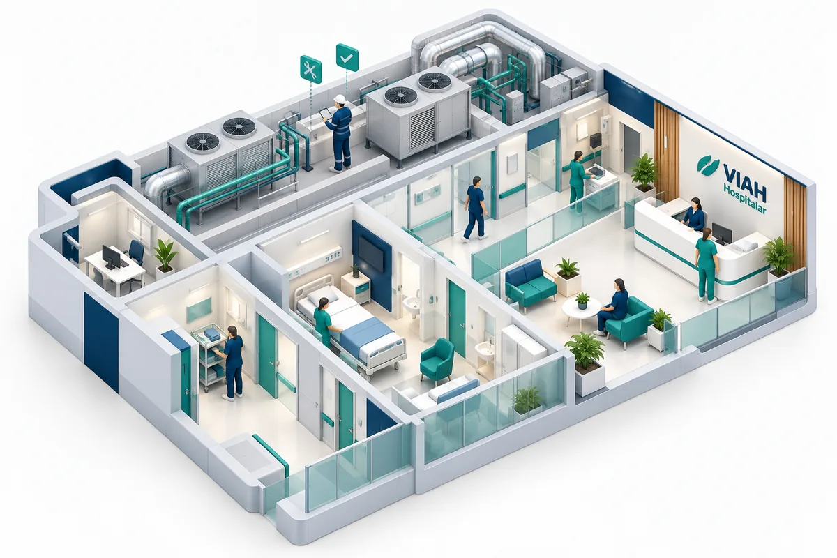 Ilustração 3D de um hospital em corte com a casa de máquinas de climatização e um técnico em campo — manutenção predial hospitalar VIAH Hospitalar